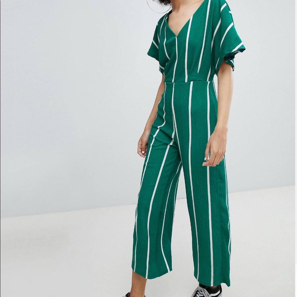 Bershka | green striped crop straight leg jumpsuit